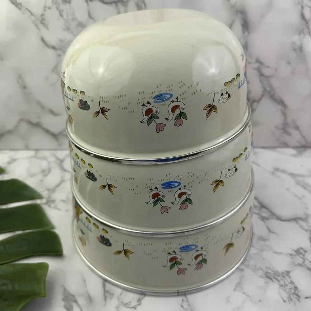 International Heartland Vintage Enamelware Nesting Bowls With Lids Mixing 6 pc